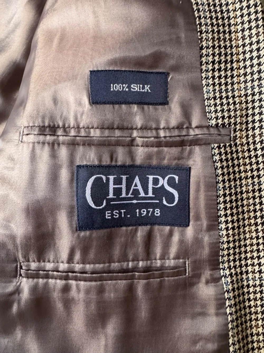 Chaps Ralph Lauren 100% Silk Blazer 44R Houndstooth Sport Coat Preppy Classic